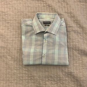 Large slim fit navy and turquoise stripped dress shirt